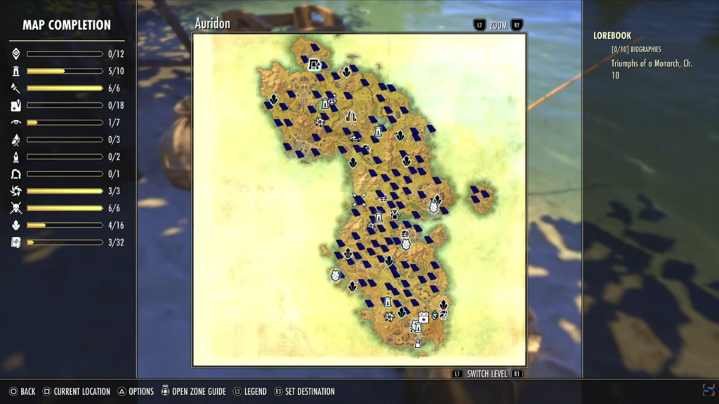 A map of Auridon from ESO displaying all the available lorebooks using the Murf's Lorebooks add-on on PS5