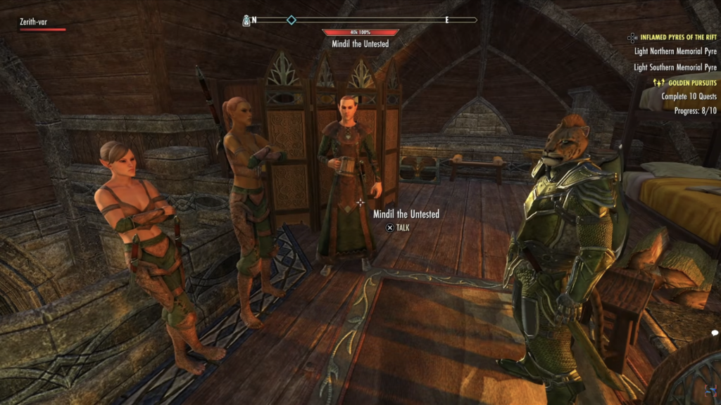 Turuk Redclaws and the Undaunted recruits at the Salted Wings Tavern in Vulkhel Guard, Auridon (The Elder Scrolls Online)