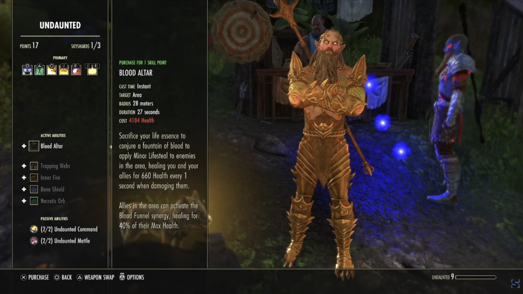 The Undaunted Skill line displayed next to an Elder Scrolls Online character created by the YouTuber Spopes.
