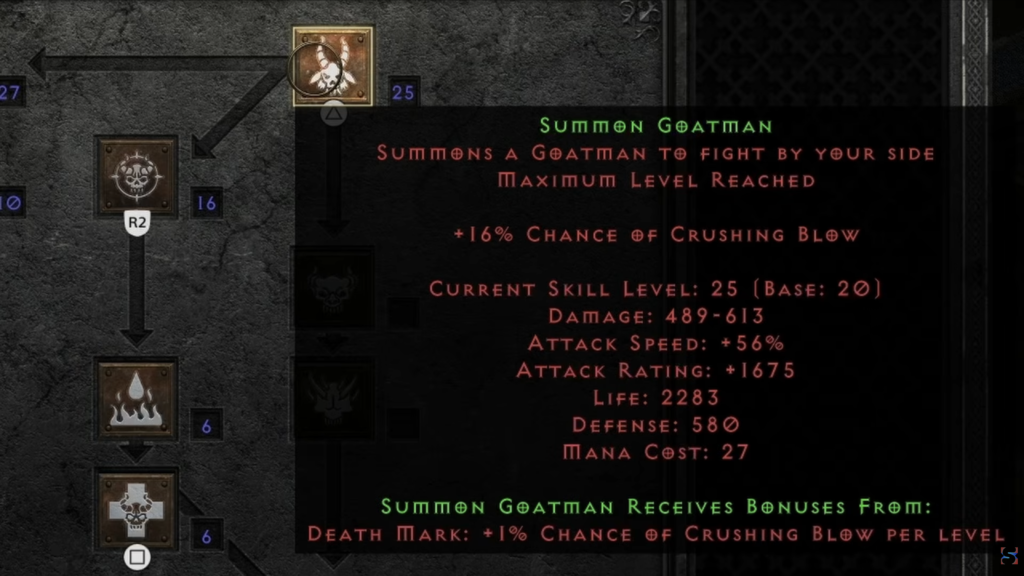 Summon Goatman skill tooltip from Diablo II Resurrected: Reign of the Warlock.