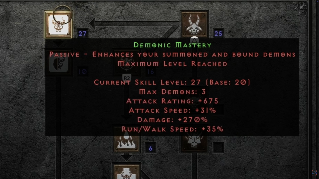 Demonic Mastery skill tooltip from Diablo II Resurrected: Reign of the Warlock.