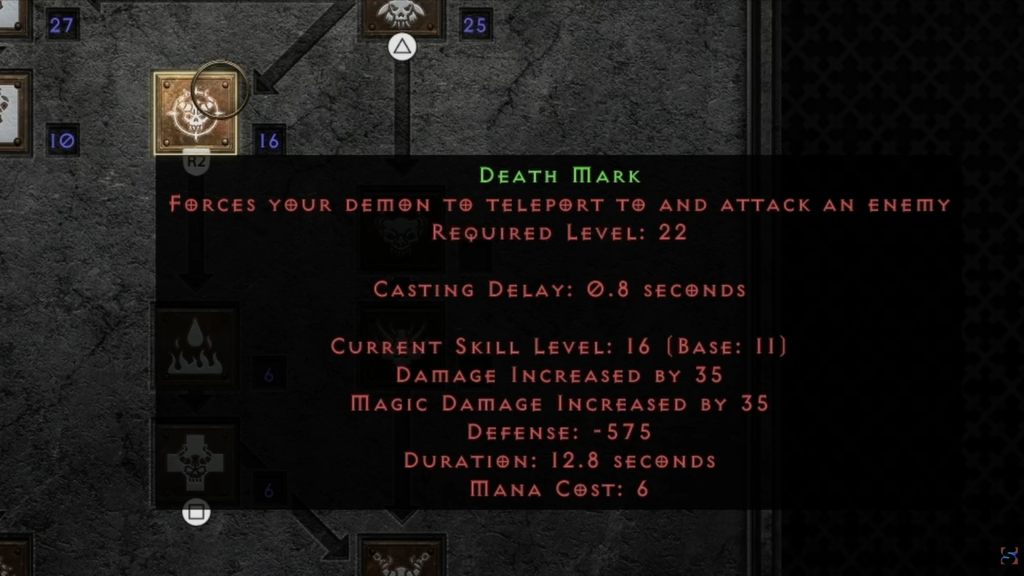 Death Mark skill tooltip from Diablo II Resurrected: Reign of the Warlock.