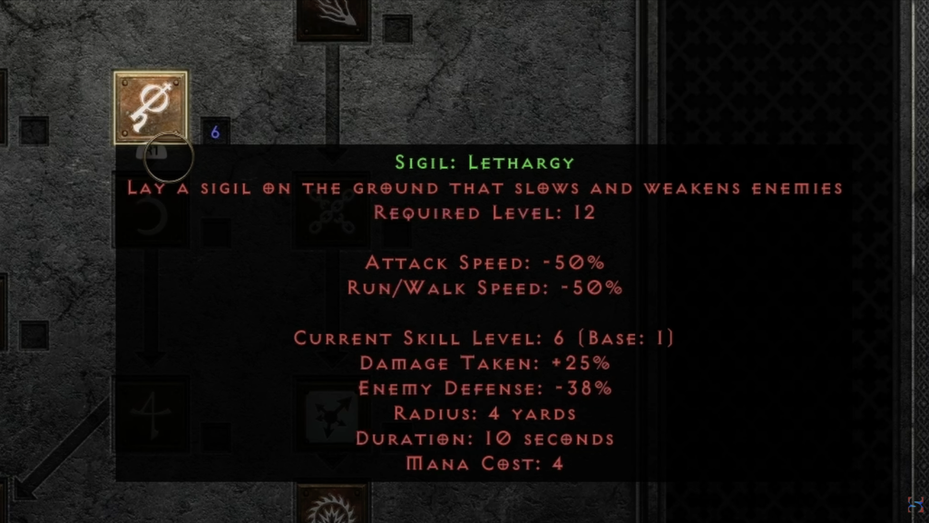 Sigil: Lethargy skill tooltip from Diablo II Resurrected: Reign of the Warlock.