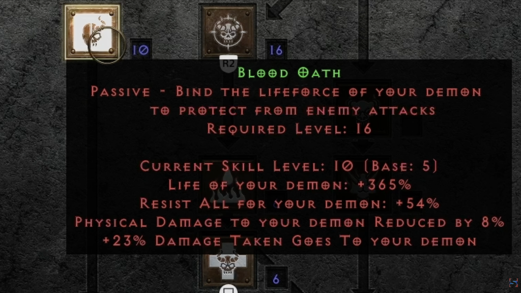 Blood Oath skill tooltip from Diablo II Resurrected: Reign of the Warlock.