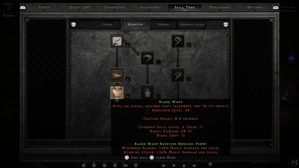 Blade Warp skill tooltip from Diablo II Resurrected: Reign of the Warlock.