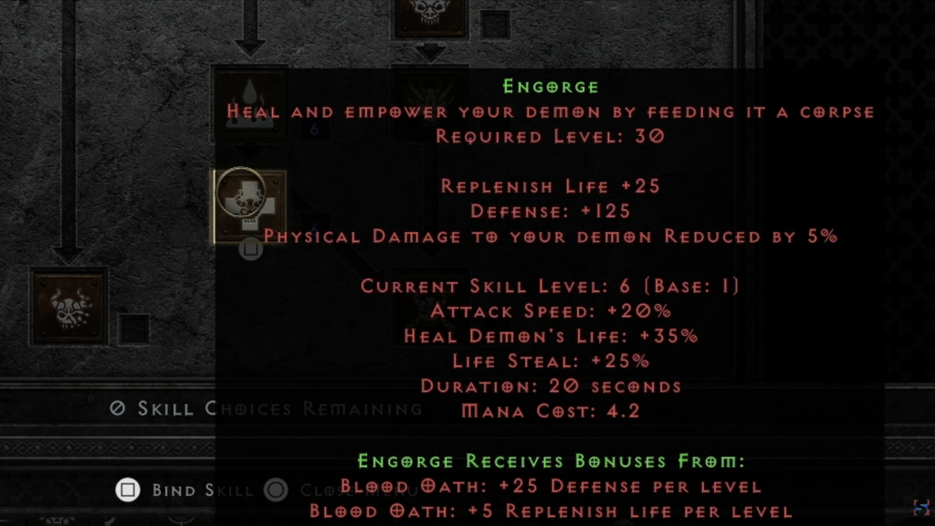 Engorge skill tooltip from Diablo II Resurrected: Reign of the Warlock.