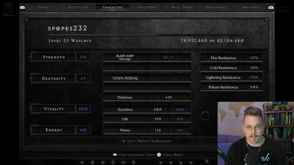 Ideal Goatman Warlock stat points for Diablo II: Resurrected, focusing on Vitality with no added points in Energy.