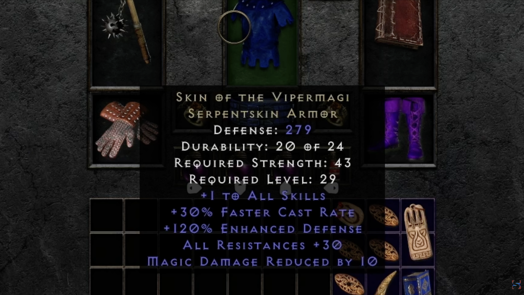 Screenshot of Goatman Warlock leveling gear, featuring the Skin of the Vipermagi chest piece.