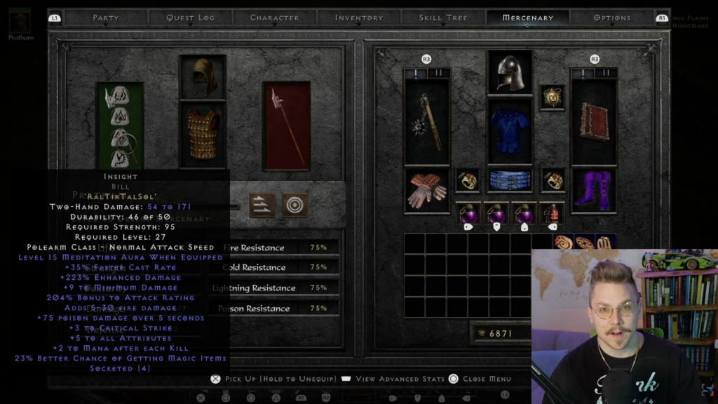 Mercenary gear in Diablo II Resurrected: Reign of the Warlock, focusing on the Insight Runeword on a Bill Polearm.