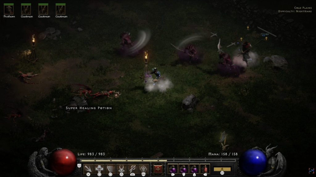 Gameplay screenshot of a Warlock character in Diablo II Resurrected traveling through Act I with three Summoned Goatmen.