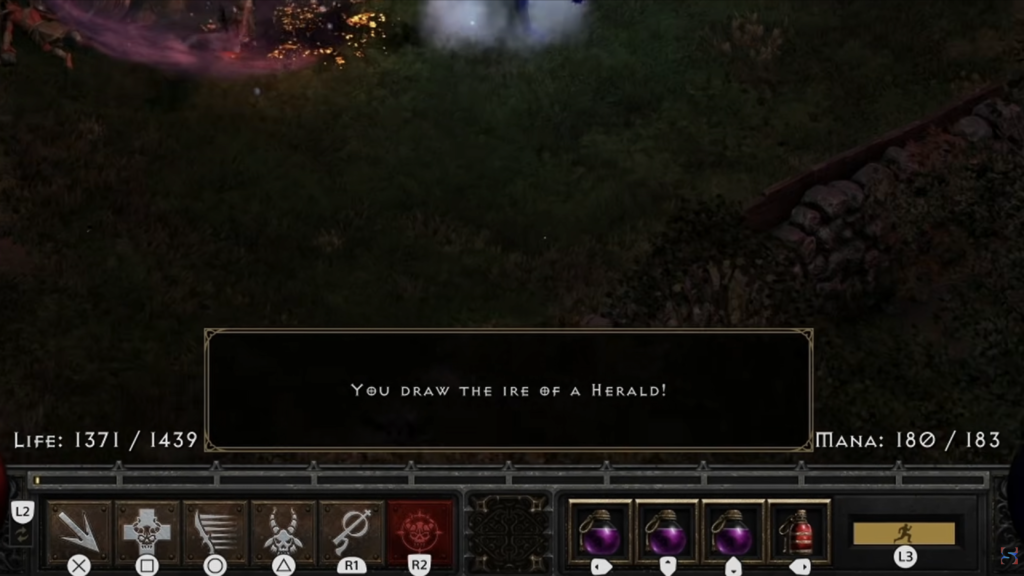 In-game popup in Diablo II Resurrected: Reign of the Warlock indicating that the player has drawn the ire of a Herald.