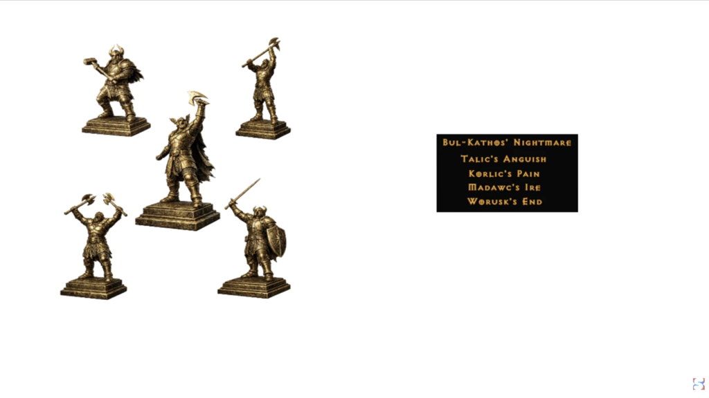 All five Colossal Ancients Statues in Diablo II Resurrected: Reign of the Warlock.