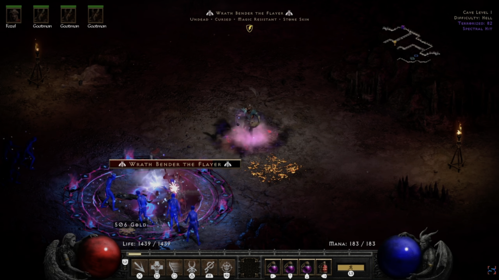 Gameplay in Cave Level 1 in Diablo II Resurrected: Reign of the Warlock — Act 1 has been Terrorized.