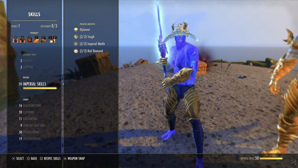 Screenshot of a blue-skinned character in The Elder Scrolls Online, focusing on the Imperial Skills section within the Skills menu.
