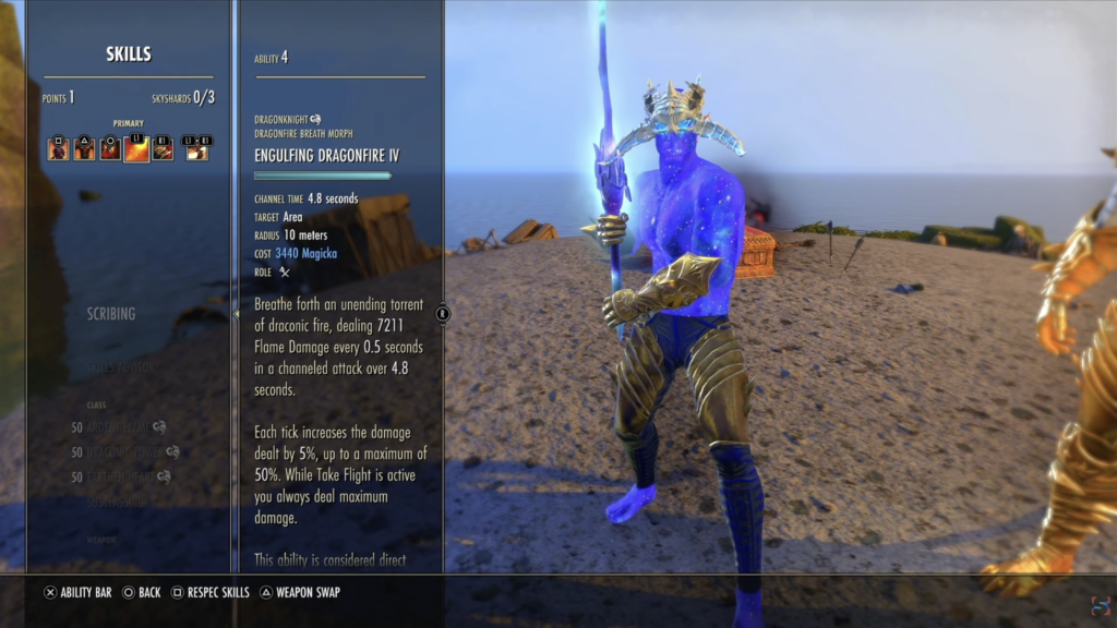 Screenshot of the Skills Menu in The Elder Scrolls Online, focusing on the Dragonknight Skill Engulfing Dragonfire.