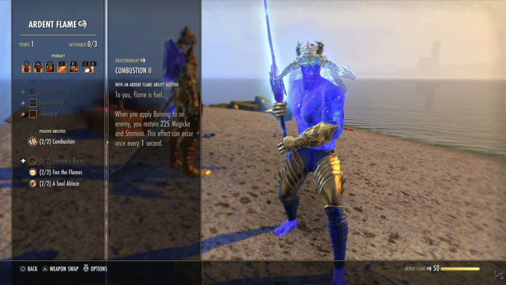 Screenshot of the Ardent Flame subsection of the Dragonknight Skills Menu in The Elder Scrolls Online with a blue-skinned character in the background wielding a Greatsword.