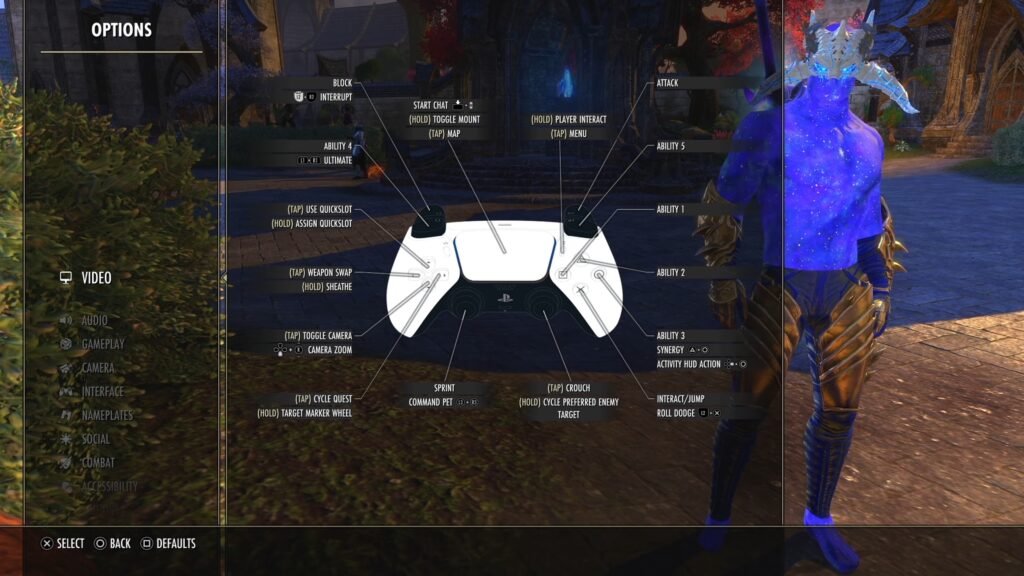Screenshot showing the Options menu in ESO on PS5 with a blue-skinned player character in the background.