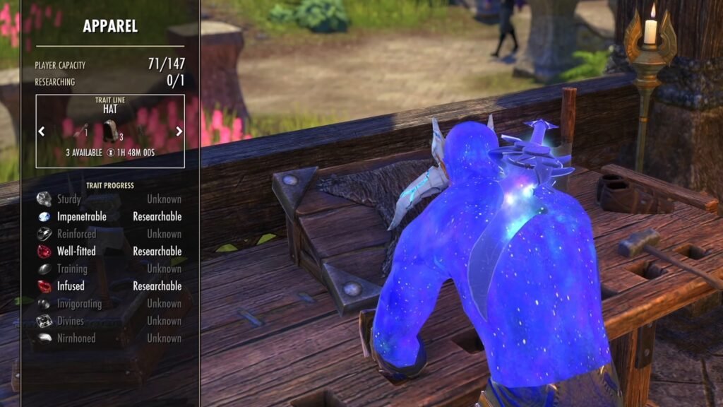 Screenshot of the Apparel Research menu at the Clothier Crafting Table in Vulkhel Guard in The Elder Scrolls Online.