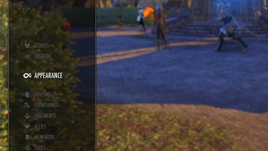 Screenshot of the Appearance menu within the ESO Collections screen on PS5 with the Vulkhel Guard Wayshrine in the background.