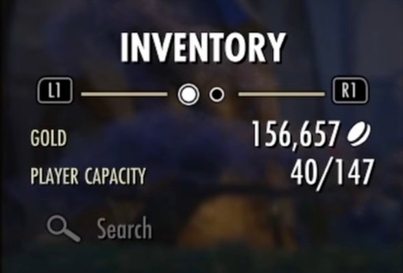 Close-up screenshot of the Inventory section in the menu of The Elder Scrolls Online, showing how much Gold and inventory space the player currently has.