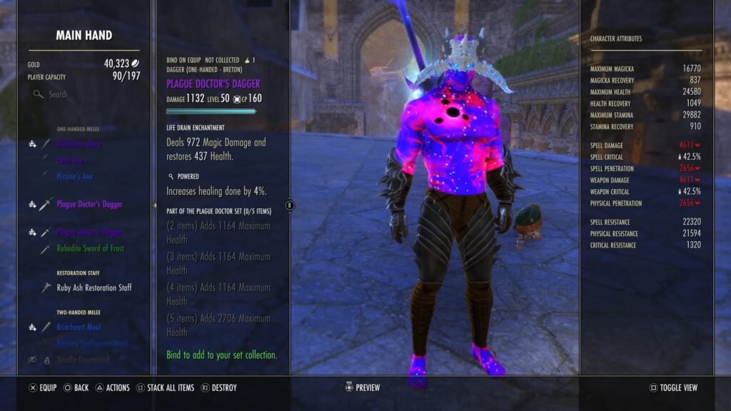 Screenshot of Bindable items in The Elder Scrolls Online, highlighting Plague Doctors's Dagger.