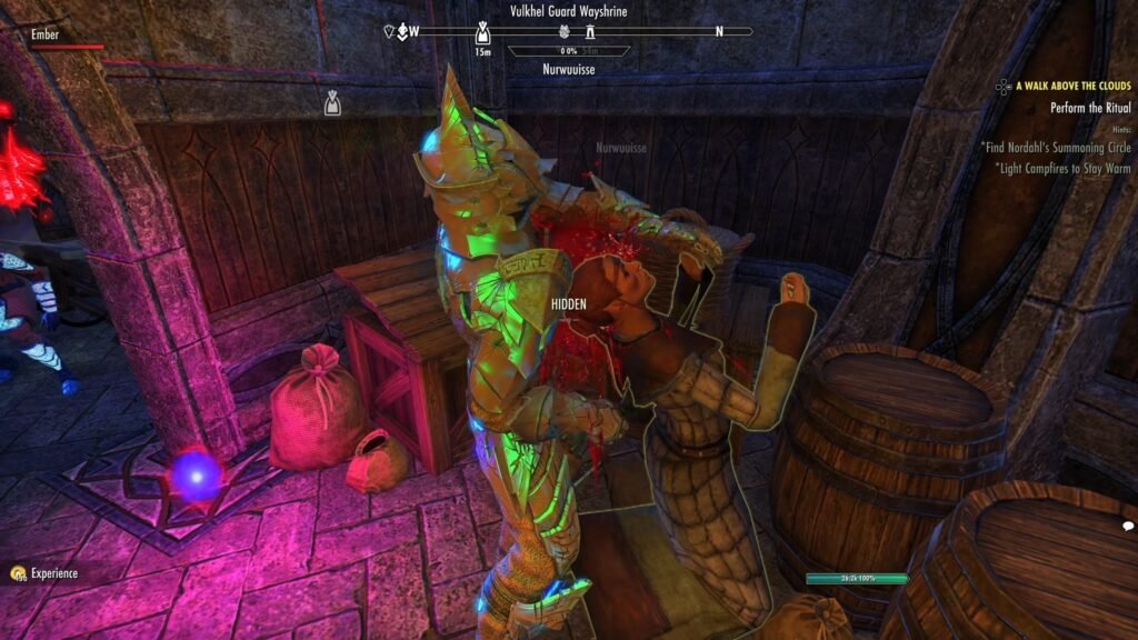 Screenshot of a player using the Blade of Woe on a High Elf NPC in The Elder Scrolls Online.