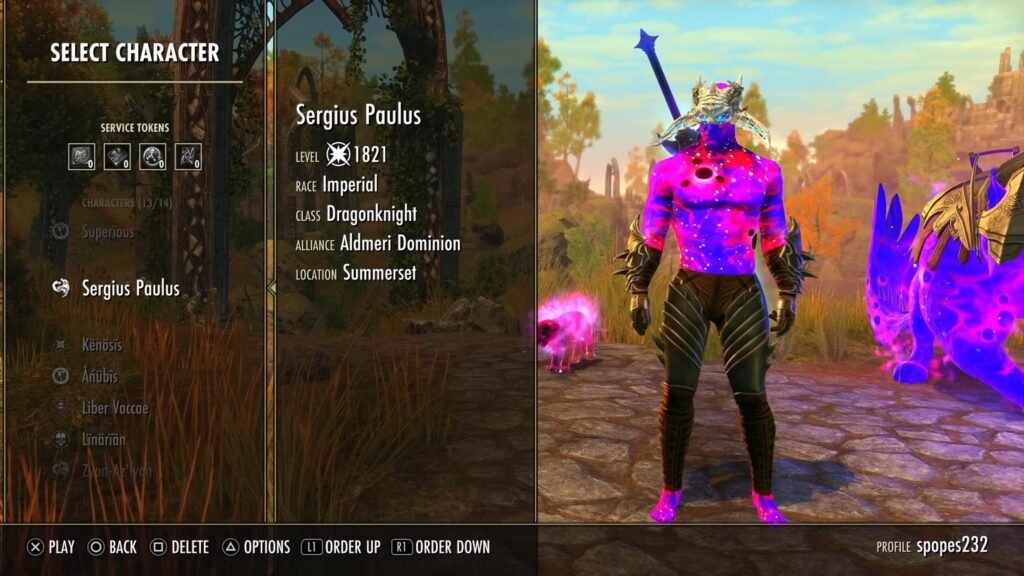 Screenshot of the Character Select screen in The Elder Scrolls Online, highlighting an Imperial Dragonknight character.