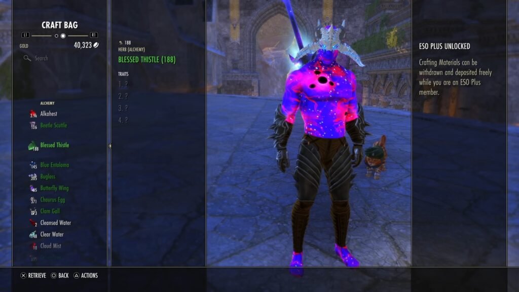 Screenshot of the ESO Plus Craft Bag in The Elder Scrolls Online, highlighting the Alchemy reagent Blessed Thistle.