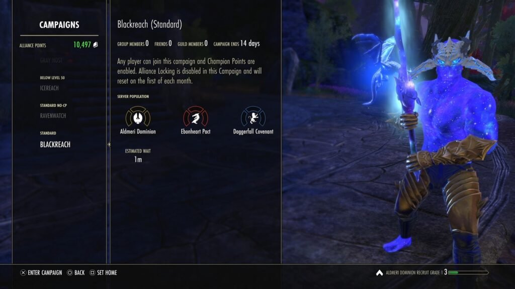 Screenshot of the Campaigns menu in The Elder Scrolls Online, highlighting the Blackreach Cyrodiil campaign.