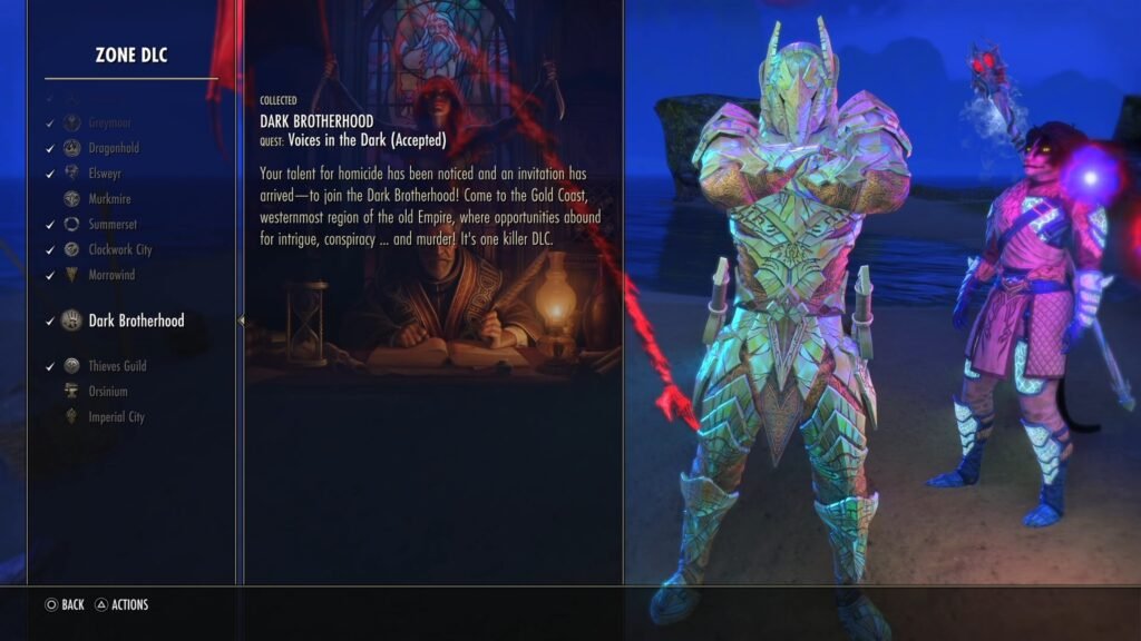Screenshot of the Dark Brotherhood DLC listing under Zone DLC in The Elder Scrolls Online.