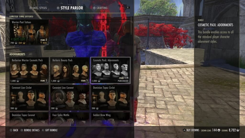Screenshot of the Style Parlor section in The Elder Scrolls Online Crown Store, highlighting the Adornments Cosmetic Pack.