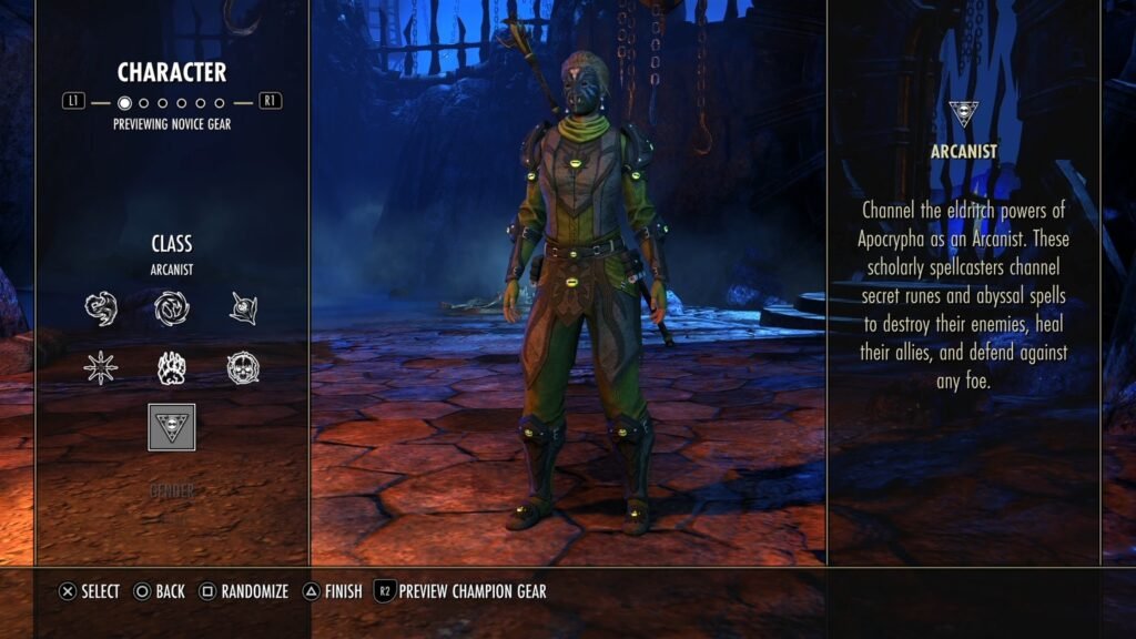 Screenshot of the Character Creation screen in The Elder Scrolls Online, highlighting the tooltip for the Arcanist class.