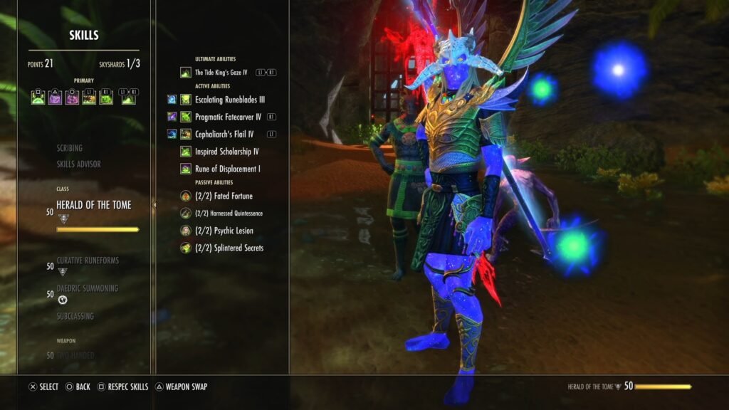 Skills Menu for the Arcanist in The Elder Scrolls Online, focusing on the Herald of the Tome skill line.