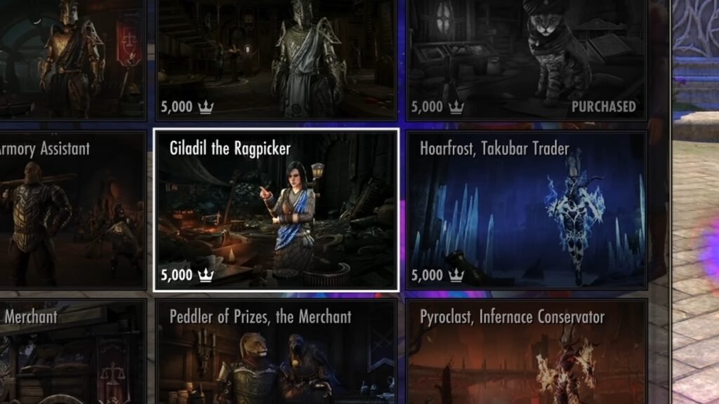 Screenshot of Giladil the Ragpicker, a deconstructor assistant in The Elder Scrolls Online Crown Store.