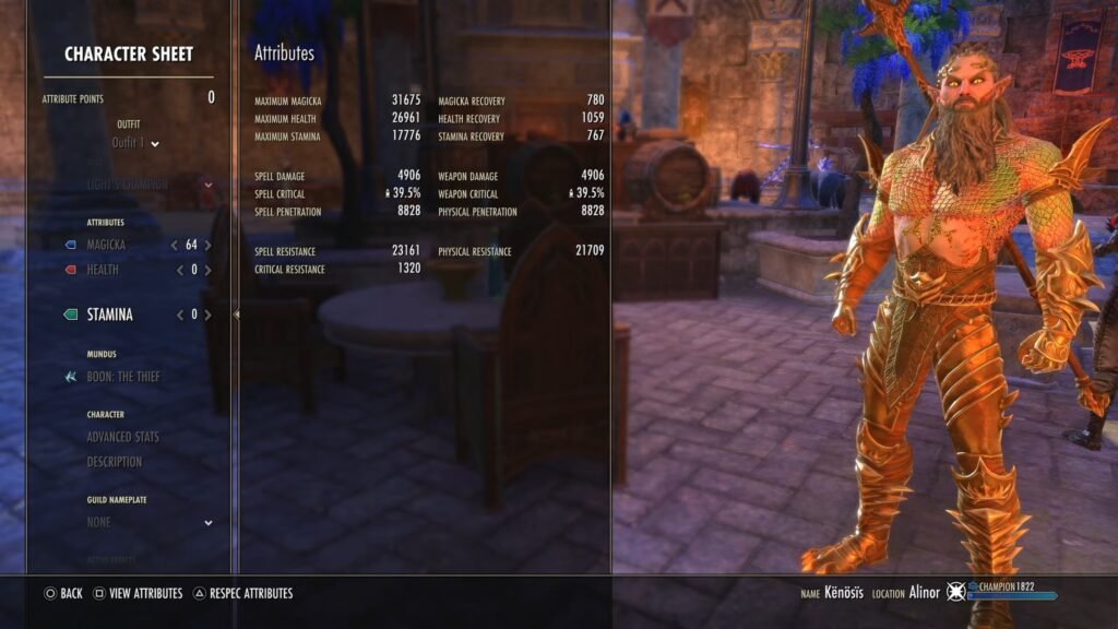 Screenshot of the Character Sheet menu in The Elder Scrolls Online, highlighting the character's stats.