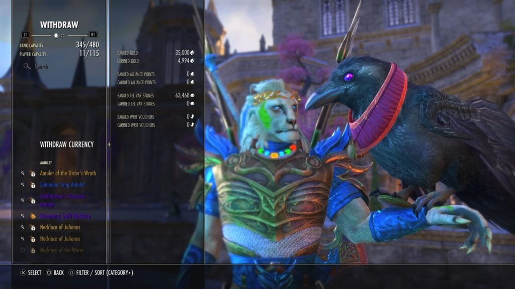 Screenshot of the Bank in The Elder Scrolls Online, highlighting the Withdraw Currency option.