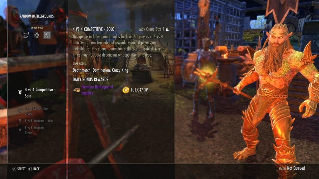 Screenshot of the Battlegrounds PvP Group Finder in The Elder Scrolls Online, highlighting the 4 vs 4 Competitive - Solo option.