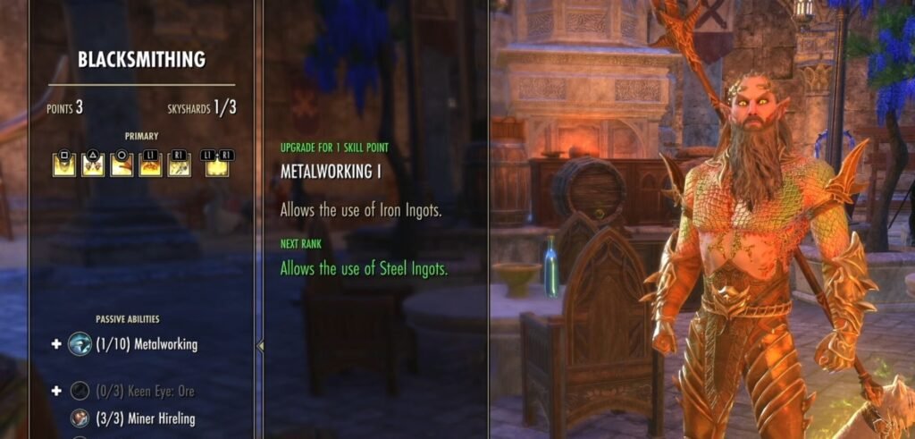 Screenshot of the Blacksmithing skill line menu in The Elder Scrolls Online, highlighting the Metalworking passive skill.