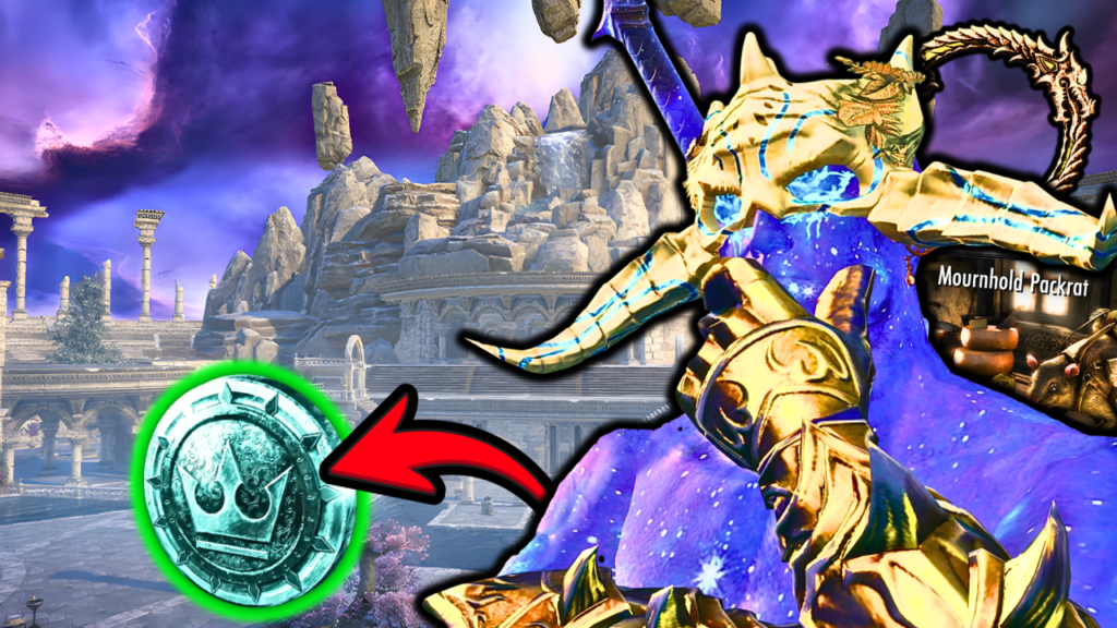 Image of an ESO character considering the symbol for Crowns, the in-game premium currency.