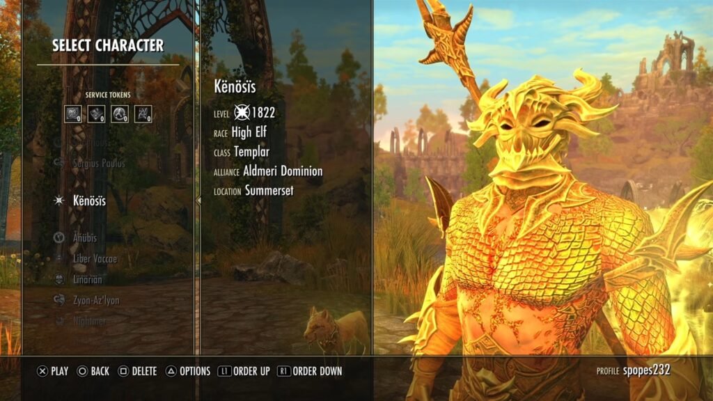 Screenshot of a bright-gold colored character in the Character Select screen in The Elder Scrolls Online.