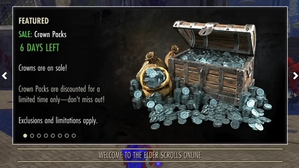 Screenshot of a Crown Sale tile in The Elder Scrolls Online Announcements menu.