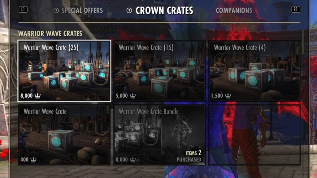Screenshot of the Crown Crates section of the Crown Store in The Elder Scrolls Online, highlighting the 25-pack of the Warrior Wave Crates.