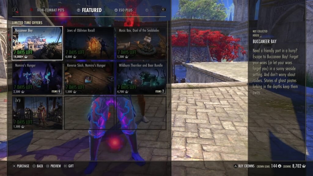 Screenshot of the Featured section in The Elder Scrolls Online Crown Store, highlighting the Buccaneer Bay player home.