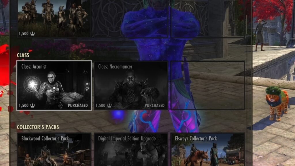 Screenshot of the purchasable DLC classes in The Elder Scrolls Online Crown Store, highlighting the Arcanist class.