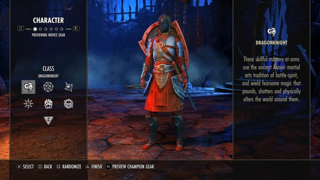 Screenshot of the Character Creation screen in The Elder Scrolls Online, highlighting the tooltip for the Dragonknight class.