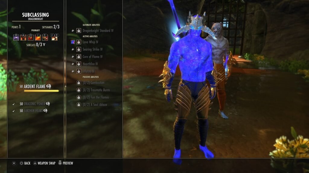 Skills Menu for the Dragonknight in The Elder Scrolls Online, focusing on the Ardent Flame skill line.