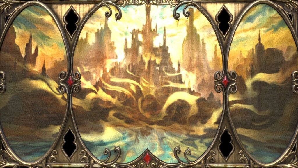 The painting Echoes of Aldmeris, a player home furnishing in The Elder Scrolls Online.