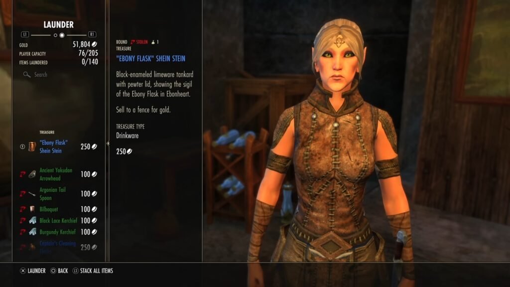 Screenshot of the "Launder" screen at the fence in the Vulkhel Guard Outlaws Refuge in The Elder Scrolls Online, highlighting the "Ebony Flask" Shein Stein Treasure.