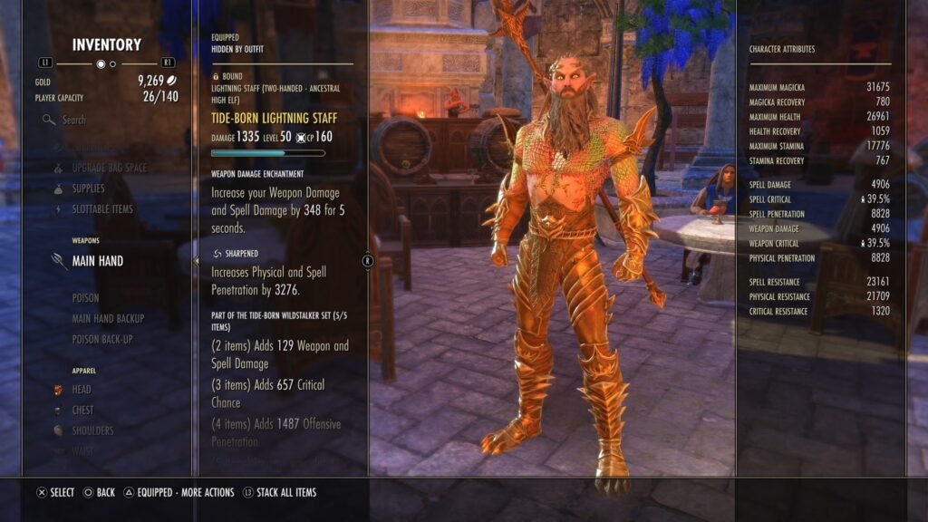 Screenshot of the Inventory menu in The Elder Scrolls Online, highlighting a Tide-Born Lightning Staff item.