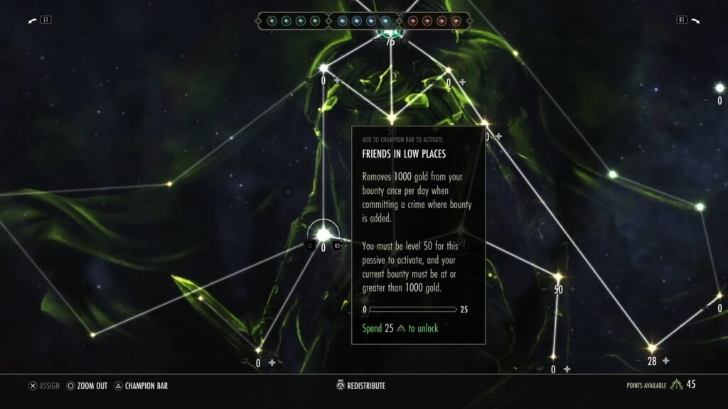 Screenshot of the "Friends in Low Places" Champion Point ability in The Elder Scrolls Online.